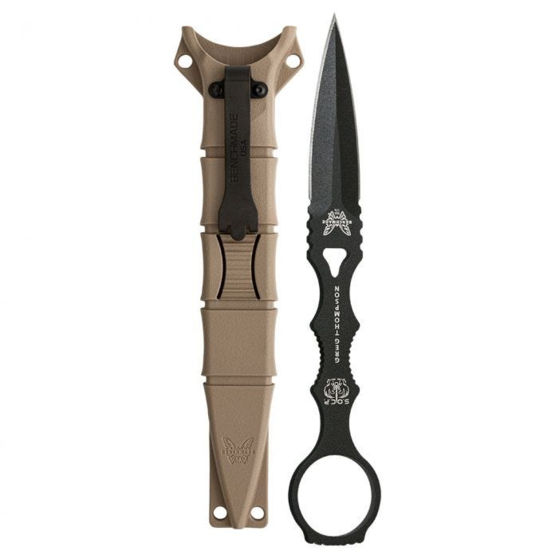 Benchmade SOCP Dagger has a sand-colored sheath with a tip down clip